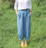 Light Blue Summer Loose Linen Wide Leg Women Casual Pants WG05131
