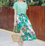 Patchwork Green Women Dresses Ramie Casual  Linen Women Dresses Short Sleeve SSM97215