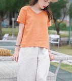 V Neck Orange Linen Blouse Simple Style Shirts Summer Tops  SMM9508
