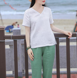 White V Neck Orange Linen Blouse Simple Style Shirts Summer Tops  SMM9508