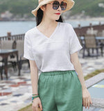 White V Neck Orange Linen Blouse Simple Style Shirts Summer Tops  SMM9508