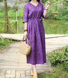 Purple Patchwork Women Dresses Ramie Casual Spring Linen Women Dresses Half Sleeve SSM97215