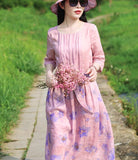 Pink Patchwork Women Dresses Ramie Casual Spring Linen Women Dresses Half Sleeve SSM97215