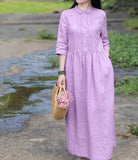Purple Women Dresses Ramie Casual Spring Linen Women Dresses Long Sleeve SSM97215