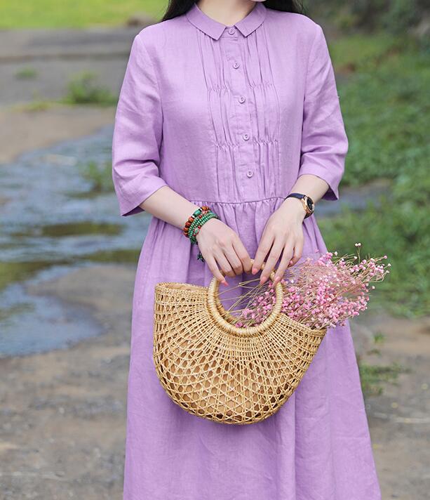 knee length dresses for ladies Purple Women Dresses Ramie Casual Spring Linen Women Dresses Long Slee –  SimpleLinenLife