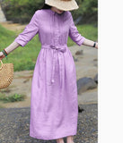 Purple Women Dresses Ramie Casual Spring Linen Women Dresses Long Sleeve SSM97215