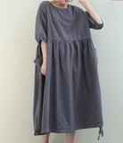 Loose Draw String O Neck Women Dresses Casual Linen Women Dresses Bat Short Sleeve SSM97215