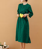 Green Women Dresses Ramie Casual Spring Linen Women Dresses MN97215
