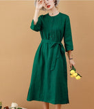 Green Women Dresses Ramie Casual Spring Linen Women Dresses MN97215