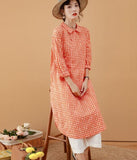 Red Checked Women Dresses Ramie Casual Spring Linen Women Dresses MN97215