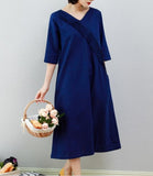 Navy Blue Women Dresses Ramie Casual Spring Linen Women Dresses MN97215