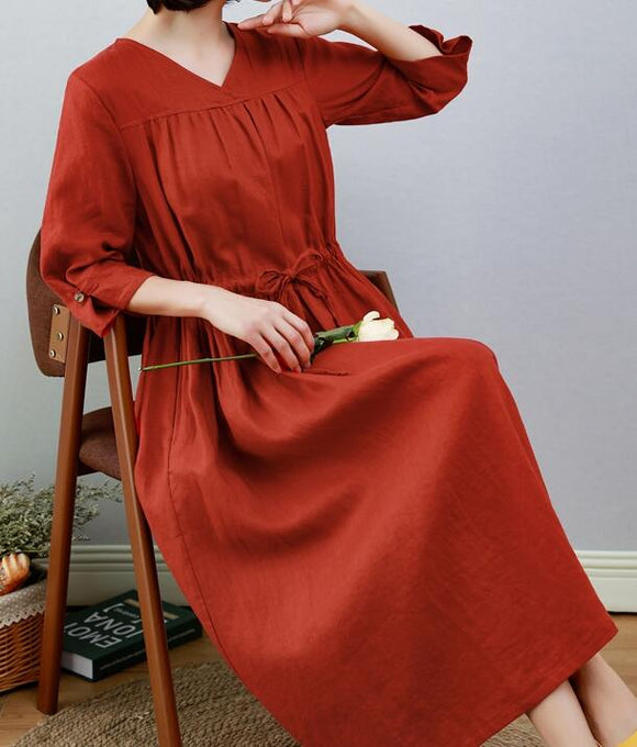 Red Women Dresses Ramie Casual Spring Linen Women Dresses MN97215
