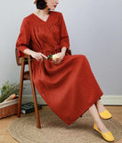 Red Women Dresses Ramie Casual Spring Linen Women Dresses MN97215