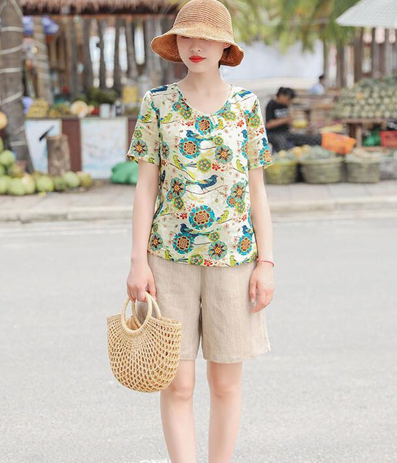 Floral  Linen Blouse Simple Style Shirts Summer Tops  SMM9508