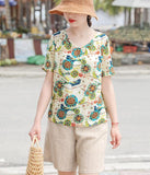 Floral  Linen Blouse Simple Style Shirts Summer Tops  SMM9508