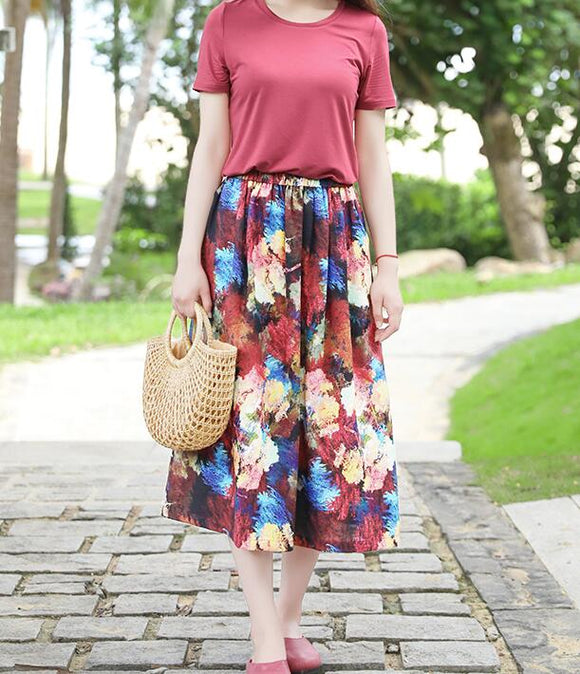 Floral Women's Skirts Summer 100% Linen Skirt Elastic Waist