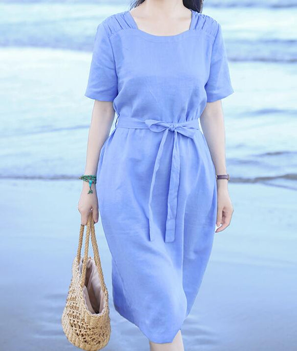 Light Blue Women Dresses Ramie Casual Spring Linen Women Dresses MN97215