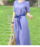 Purple V Neck Women Dresses Ramie Casual Spring Linen Women Dresses MN97215