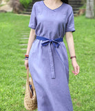 Purple V Neck Women Dresses Ramie Casual Spring Linen Women Dresses MN97215
