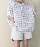 Checked Loose Casual T-Shirts Summer Women Cotton Tops WG961707
