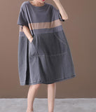 Color Patchwork O Neck Women Dresses Casual Linen Women Dresses Bat Short Sleeve SSM97215