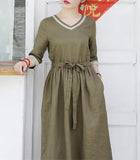 Army Green  Women Dresses Ramie Casual Spring Linen Women Dresses SSM97215