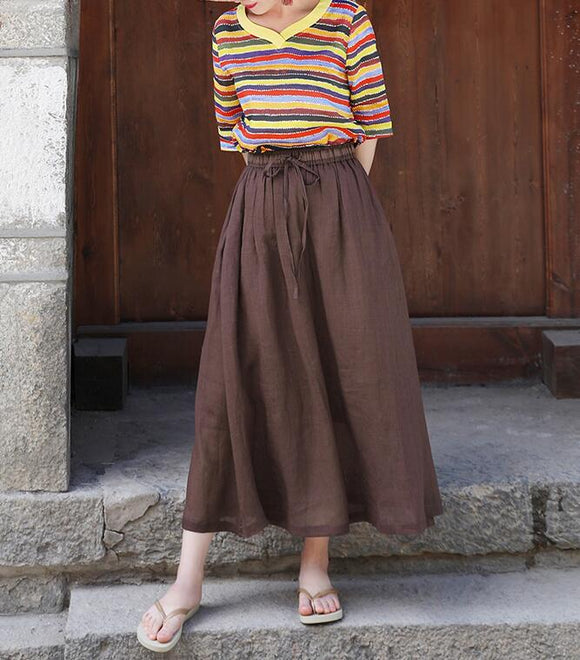 Coffee Women's Skirts Summer Linen Skirt Elastic Waist SSM09755