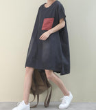 Patchwork O Neck Women Dresses Casual Linen Women Dresses Bat Short Sleeve WG97215