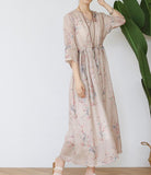 Ramie Loose Women Summer Fashion Long Dresses Waist String AMT962328