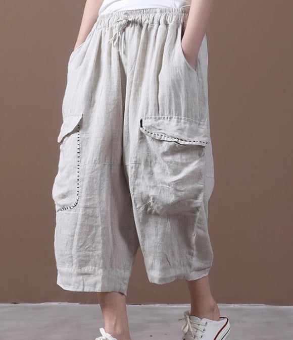 Linen Summer Loose Linen Wide Leg Women Casual Pants Elastic Waist WG05131