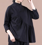 High Collar Black Shirts Fall Women Cotton Tops Women  BlouseH9506