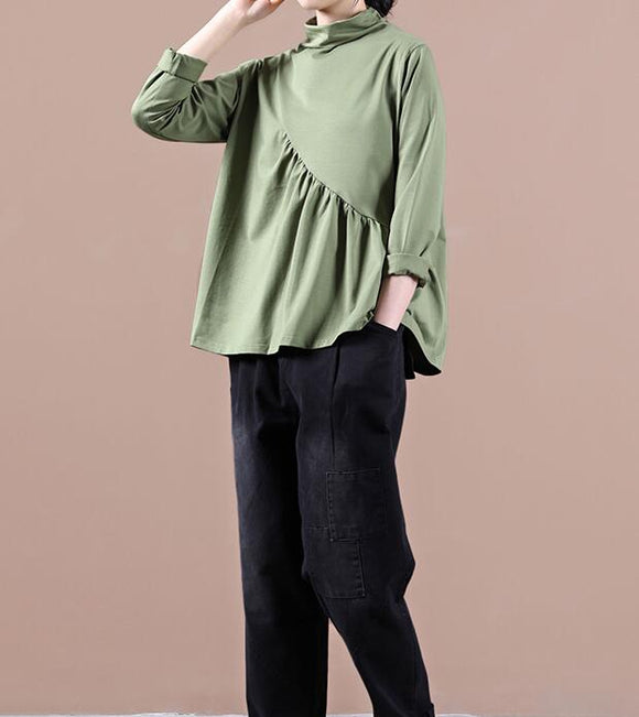 High Collar Green Shirts Fall Women Cotton Tops Women  BlouseH9506