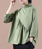 High Collar Green Shirts Fall Women Cotton Tops Women  BlouseH9506