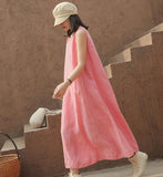 Pink Sleeveless Women Summer Linen Dresses Soft Washed Summer Long Women Dresses 57292
