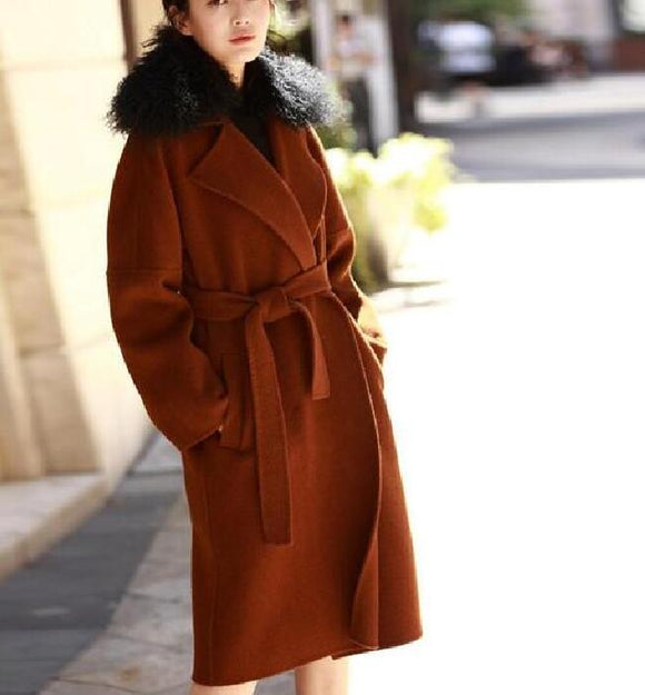 Wool Fur Collar Long Wool Coat Double Face Cashmere Coat