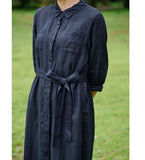 Linen Shirts Dresses long Women Linen Dress Waist Belt/9223
