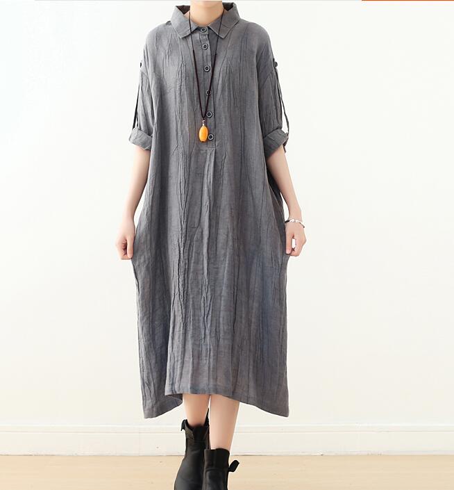 knee length dresses for ladies Wrinkled Linen Loose Long Buttons Dresses Plus Size AMT962328 –  SimpleLinenLife