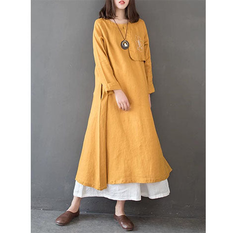 Spring-Linen-Cotton-Women-Dresses-long-sleeves