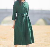 Spring-summer-women-100% -linen-V-neck-dresses-wait-belt