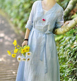 Summer-Linen-Women -Dresses-Sleeves-V-Neck-Dresses (2)