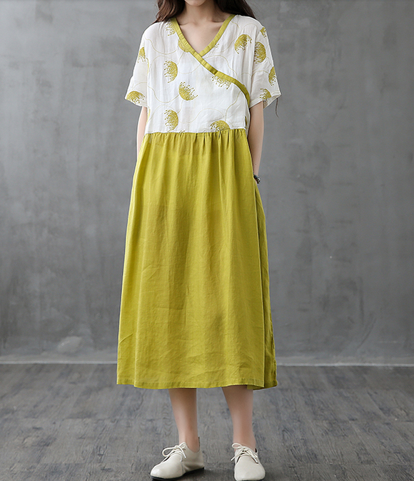 Long Sleeve Summer Spring Cotton Linen Women Dresses 