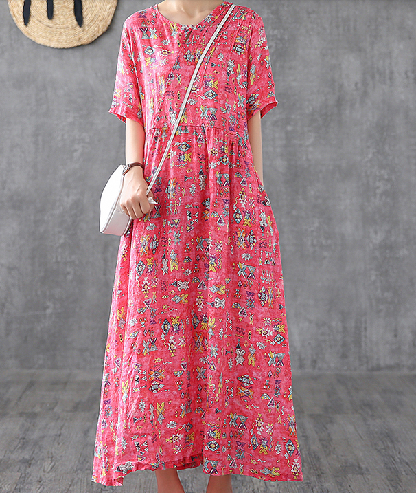 Print Short Sleeve Summer Spring Linen Women loose Dresses DZA20653 ...