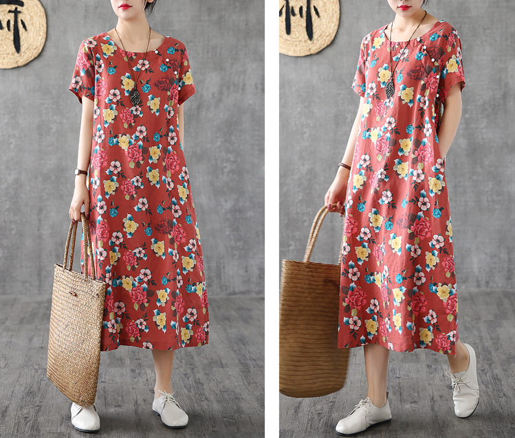 Floral Long Sleeve Summer Spring Linen Women loose Dresses DZA20663 ...