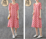 Red Floral Short Sleeve Summer Spring Linen Women Dresses