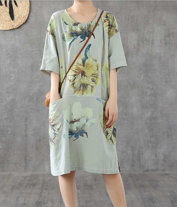Side Slit Floral Short Sleeve Print Floral Summer Spring Cotton Linen –  SimpleLinenLife