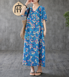 Floral Long Sleeve Summer Spring Cotton Linen Women Dresses 