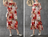 Floral Long Sleeve Summer Spring Cotton Linen Women Dresses