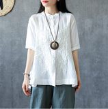 Embroidery Sleeve Summer Women Casual Blouse Cotton Linen Shirts  Women Tops