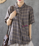 Plaid Summer Women Casual Blouse Cotton  Linen Shirts Tops