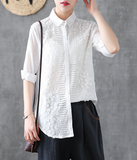 Hollow out Embroidery Length Sleeve Summer Women Casual Blouse Cotton Linen Shirts Tops